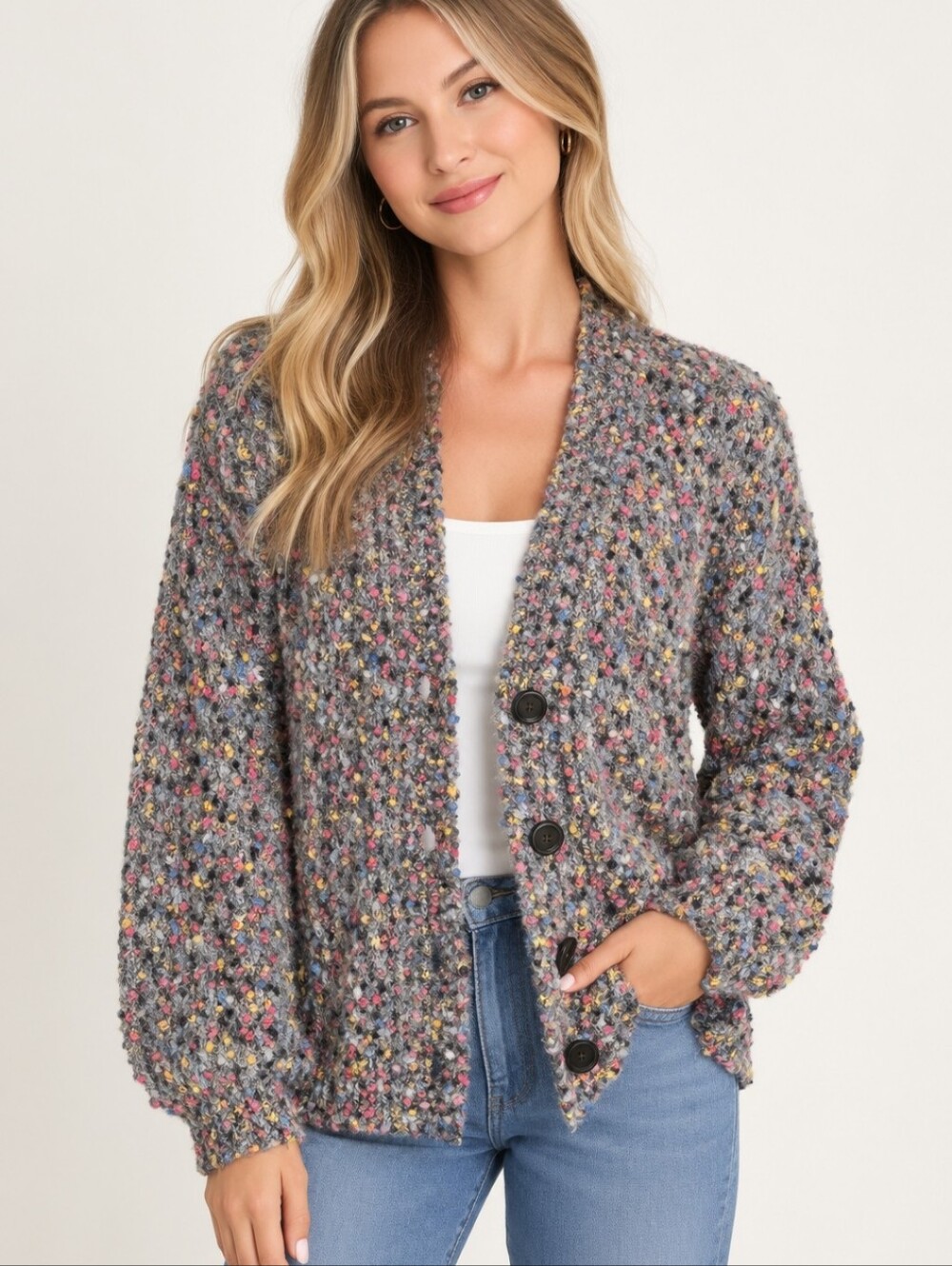 BB Dakota Multicolor Speckled Gray Multicolor Chunky Button Knit V Neck Cardigan